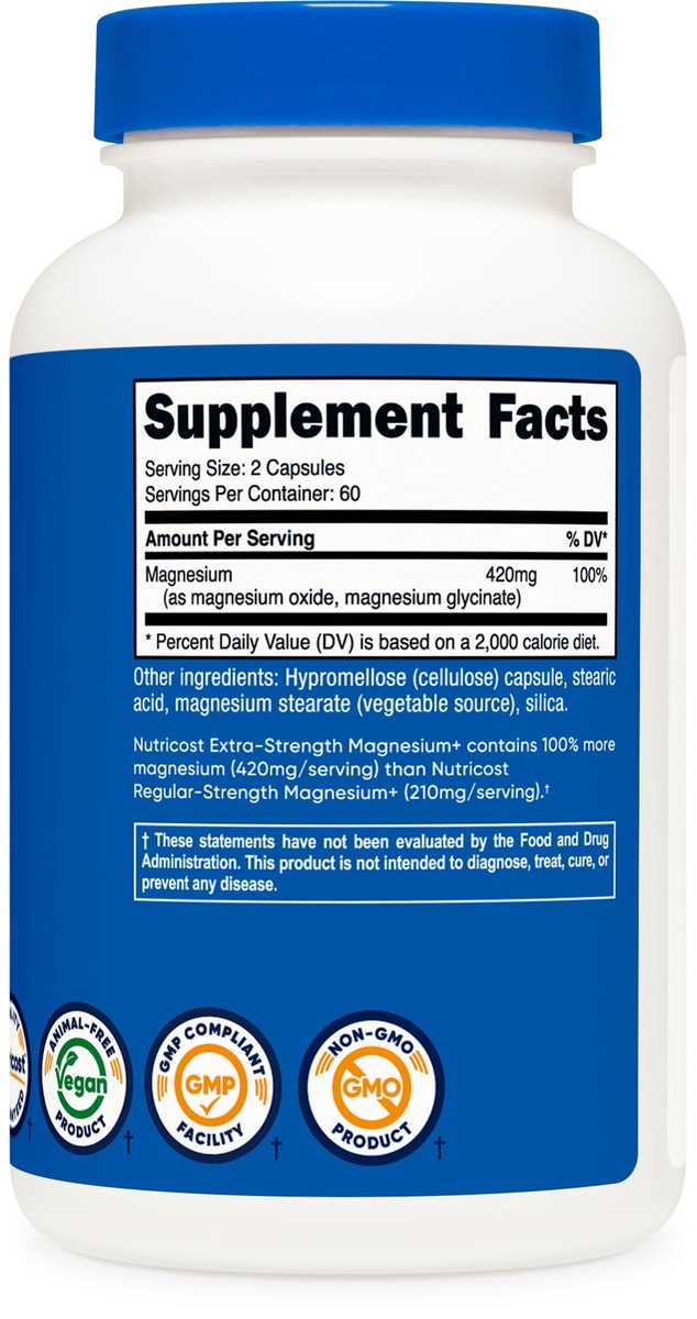 Nutricost Magnesium+ Extra Strength 420mg, 120 Kapseln - 60 Portionen. Magnesiumoxid und Glycinat - Nicht-GVO, Glutenfrei, Vegan