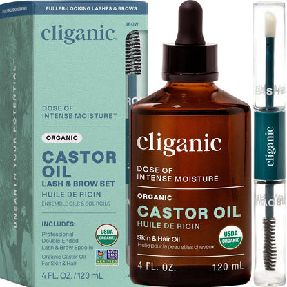 Cliganic Bio Rizinusöl, 100% rein (4 oz Glasflasche mit Wimpernset) – Für Wimpern, Augenbrauen, Haare & Haut