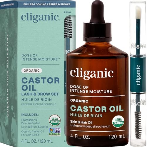 Cliganic Bio Rizinusöl, 100% rein (4 oz Glasflasche mit Wimpernset) – Für Wimpern, Augenbrauen, Haare & Haut
