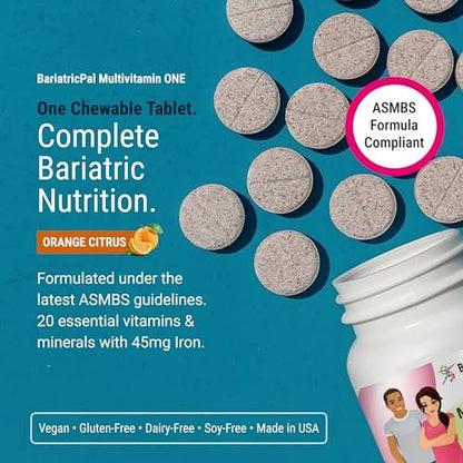 BariatricPal Multivitamin ONE 1 pro Tag! Bariatrisches Multivitamin Kautablette mit 45 mg Eisen | Orange Citrus | Vitamin für Patienten nach bariatrischer Operation | 30 Stück (1 Monatsvorrat)