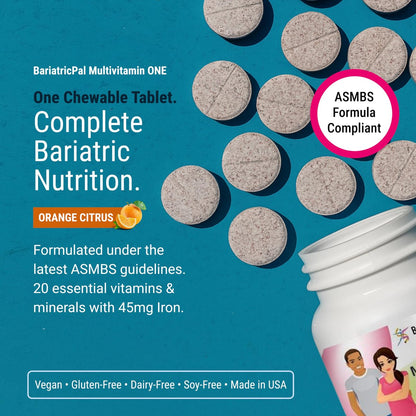 BariatricPal Multivitamin ONE 1 pro Tag! Bariatrisches Multivitamin Kautablette mit 45 mg Eisen | Orange Citrus | Vitamin für Patienten nach bariatrischer Operation | 30 Stück (1 Monatsvorrat)
