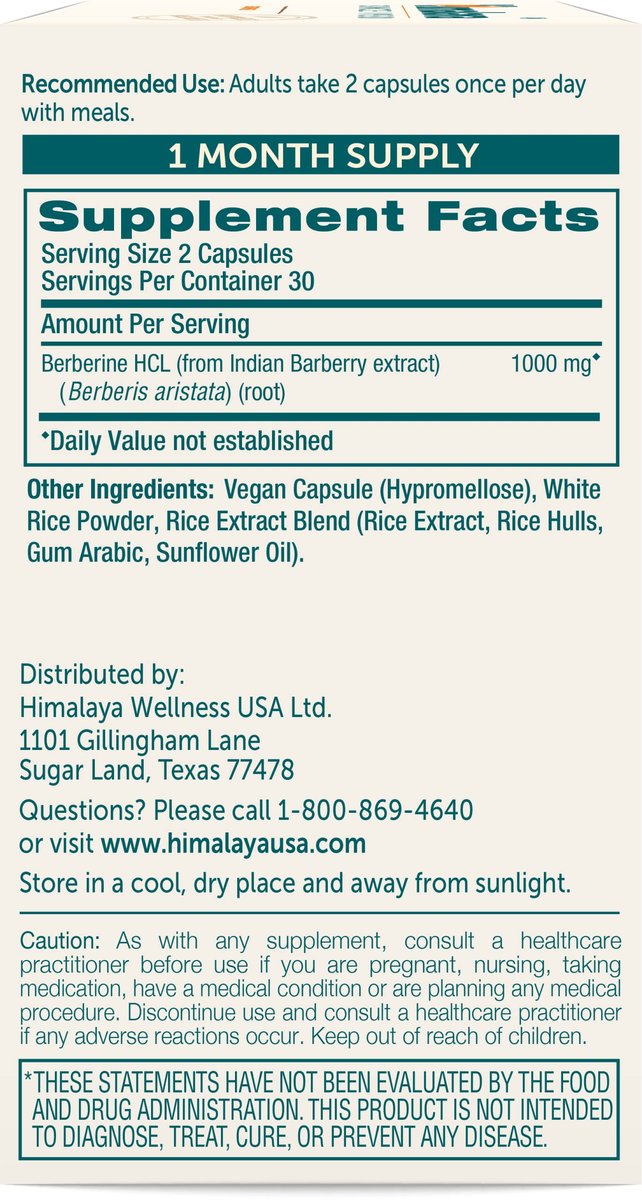 Himalaya Berberin – Pflanzliches Nahrungsergänzungsmittel zur Unterstützung des normalen Stoffwechsels, der Immun- und Verdauungsgesundheit – Vegan, glutenfrei, 500 mg, 60 Kapseln