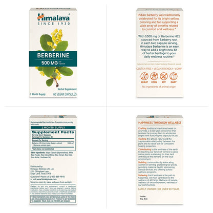 Himalaya Berberin – Pflanzliches Nahrungsergänzungsmittel zur Unterstützung des normalen Stoffwechsels, der Immun- und Verdauungsgesundheit – Vegan, glutenfrei, 500 mg, 60 Kapseln
