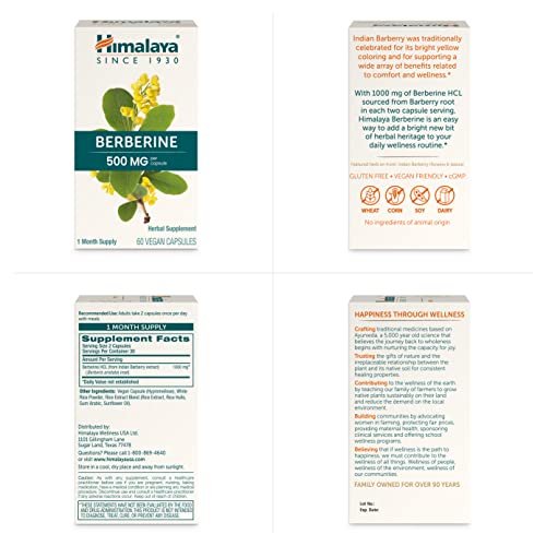 Himalaya Berberin – Pflanzliches Nahrungsergänzungsmittel zur Unterstützung des normalen Stoffwechsels, der Immun- und Verdauungsgesundheit – Vegan, glutenfrei, 500 mg, 60 Kapseln