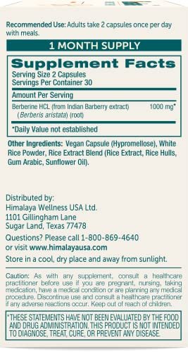 Himalaya Berberin – Pflanzliches Nahrungsergänzungsmittel zur Unterstützung des normalen Stoffwechsels, der Immun- und Verdauungsgesundheit – Vegan, glutenfrei, 500 mg, 60 Kapseln