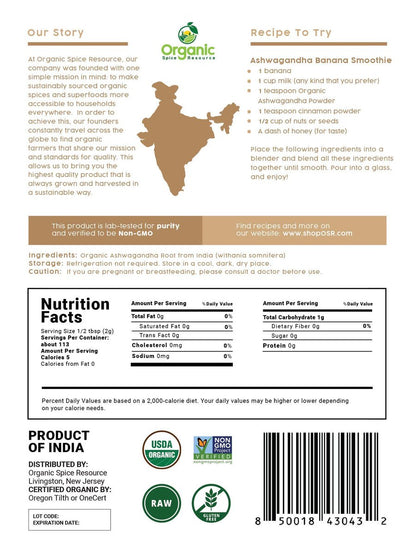 Bio Ashwagandha Wurzelpulver - 8 Unzen | Laborgeprüfte Reinheit | Nachfüllbarer Kraftbeutel, Nicht-GVO, Indischer Ginseng, Withania Somnifera - 100% Roh aus Indien