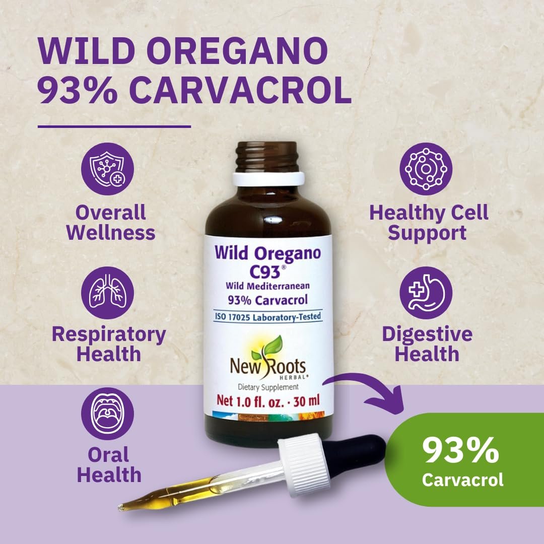 NEW ROOTS HERBAL | Wildes Oreganoöl Tropfen - (547 Portionen) | Oreganoöl Extrakt mit 93 % Carvacrol (30 ml), Nicht-GVO