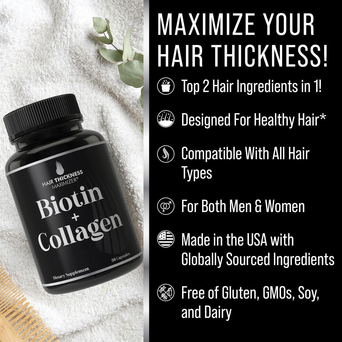 Biotin- und Kollagenpräparat – 10.000 mcg Biotin + Rinderkollagen für dünner werdendes und brüchiges Haar. Fortschrittlicher 2-in-1-Vitaminkomplex. Unterstützt dickeres, gesünderes Haarwachstum für Frauen und Männer