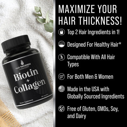 Biotin- und Kollagenpräparat – 10.000 mcg Biotin + Rinderkollagen für dünner werdendes und brüchiges Haar. Fortschrittlicher 2-in-1-Vitaminkomplex. Unterstützt dickeres, gesünderes Haarwachstum für Frauen und Männer