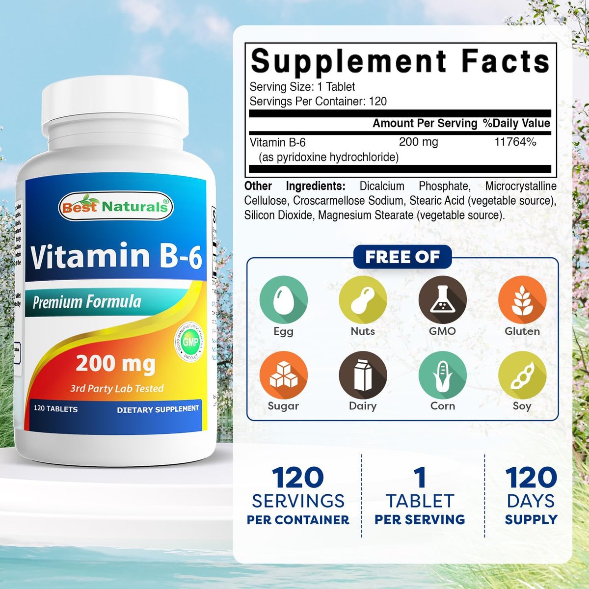 Best Naturals Vitamin B6 200mg für Erwachsene, 120 Tabletten