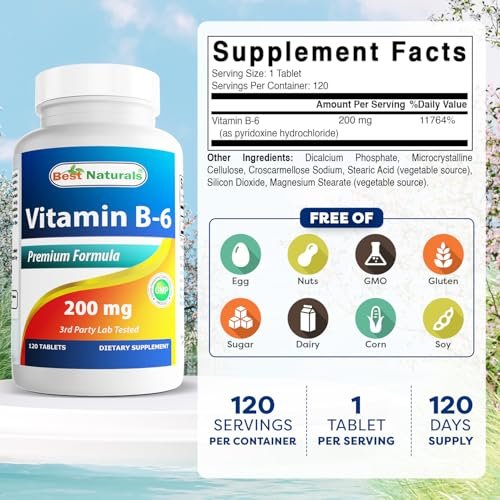 Best Naturals Vitamin B6 200mg für Erwachsene, 120 Tabletten