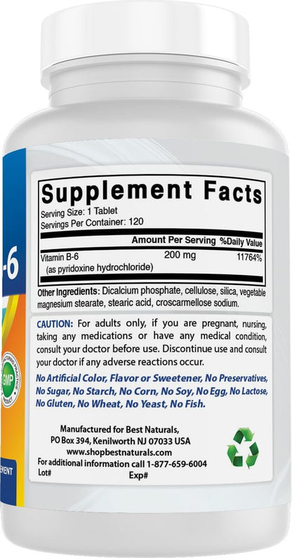 Best Naturals Vitamin B6 200mg für Erwachsene, 120 Tabletten