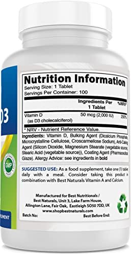 Best Naturals Vitamin D3 2000 IE (50 µg) – 100 Tabletten – 100-Tage-Vorrat – Unterstützt Immunsystem, starke Knochen und Zähne & Muskelfunktion