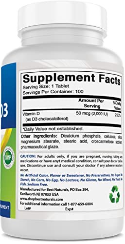 Best Naturals Vitamin D3 2000 IE (50 µg) – 100 Tabletten – 100-Tage-Vorrat – Unterstützt Immunsystem, starke Knochen und Zähne & Muskelfunktion