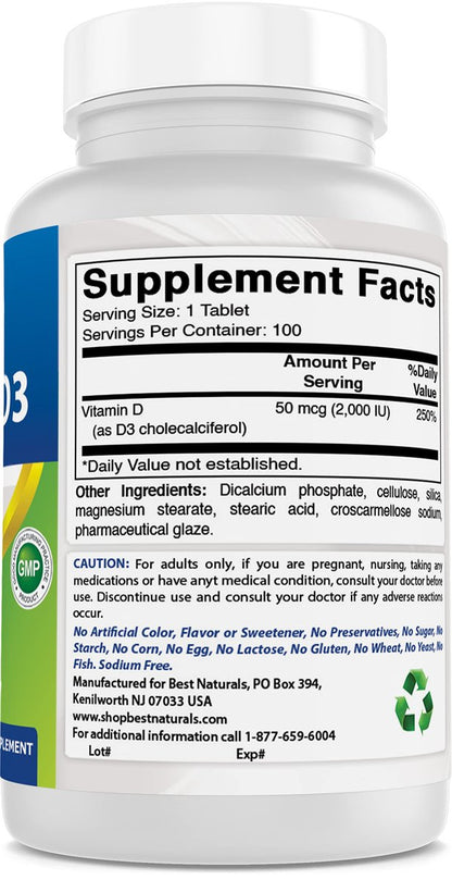 Best Naturals Vitamin D3 2000 IE (50 µg) – 100 Tabletten – 100-Tage-Vorrat – Unterstützt Immunsystem, starke Knochen und Zähne & Muskelfunktion