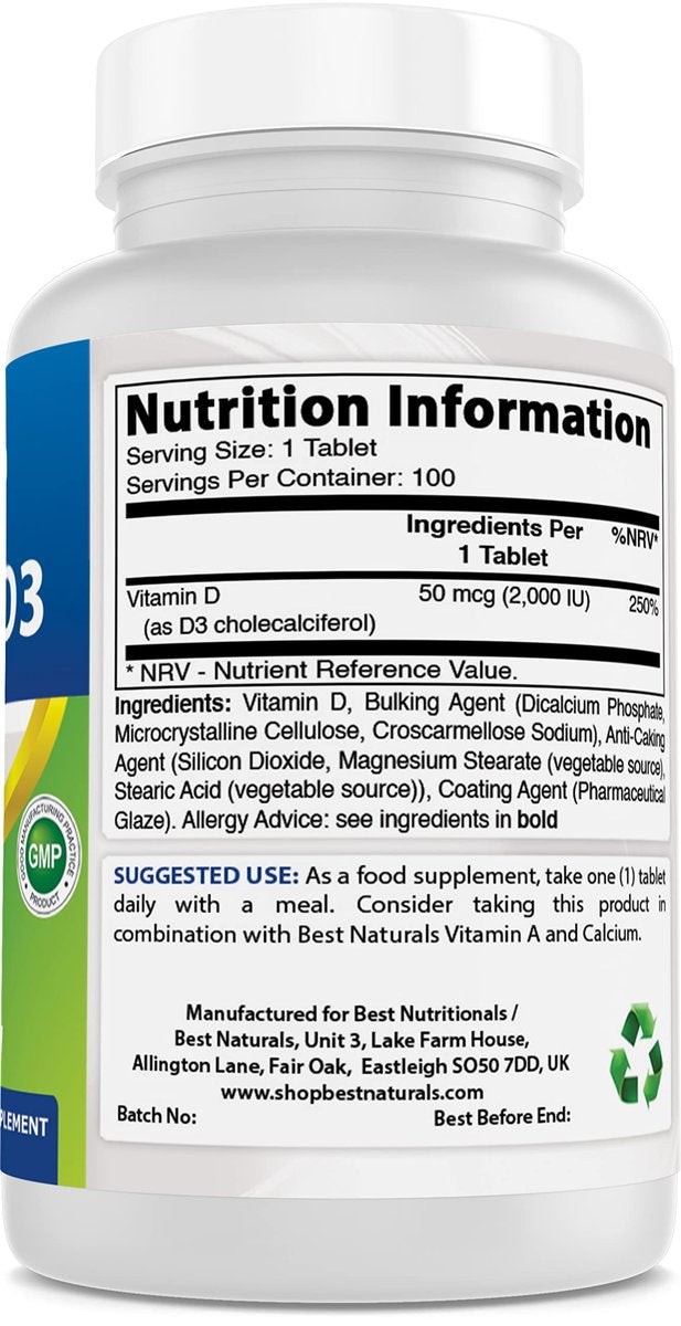 Best Naturals Vitamin D3 2000 IE (50 µg) – 100 Tabletten – 100-Tage-Vorrat – Unterstützt Immunsystem, starke Knochen und Zähne & Muskelfunktion