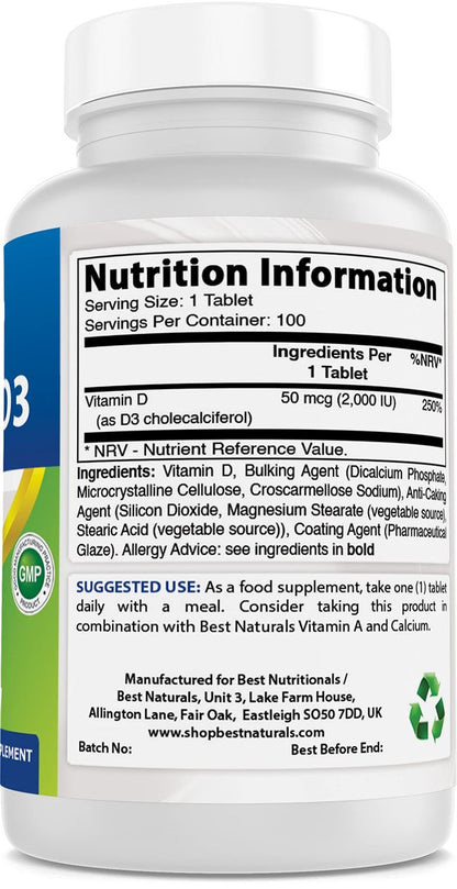 Best Naturals Vitamin D3 2000 IE (50 µg) – 100 Tabletten – 100-Tage-Vorrat – Unterstützt Immunsystem, starke Knochen und Zähne & Muskelfunktion