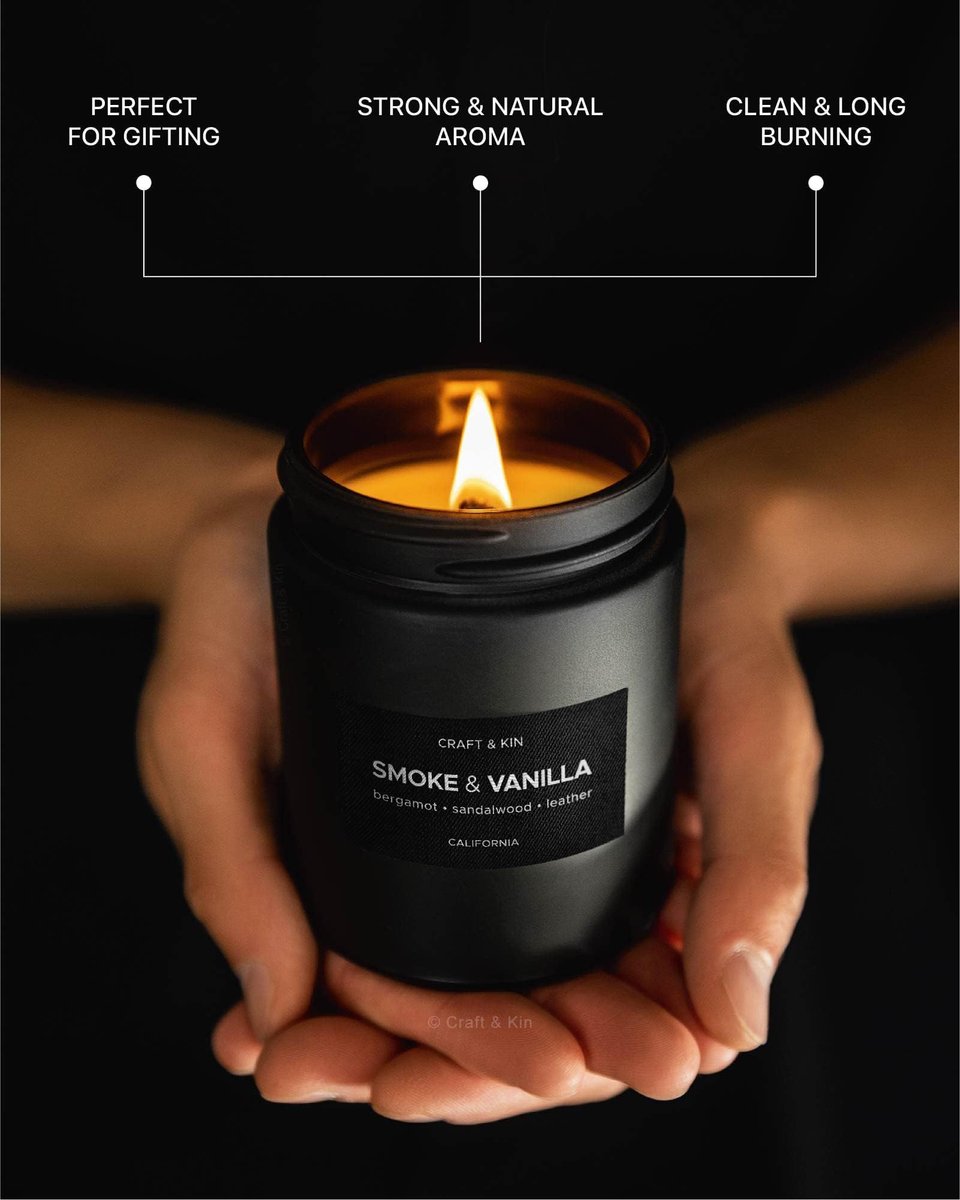 Craft & Kin Premium Smoke & Vanille Kerze | Schwarze Duftkerzen für Männer | Lang anhaltend mit 45 Stunden Brenndauer, 7,6 oz | Sojakerze | Aromatherapie für Zuhause | Geschenke für Männer