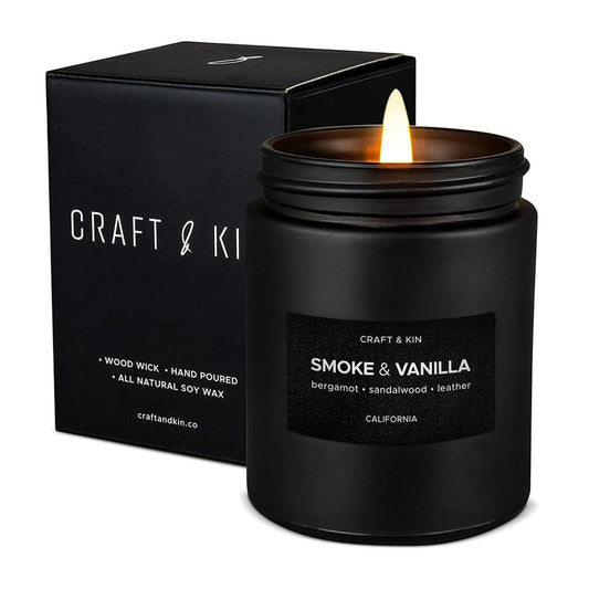 Craft & Kin Premium Smoke & Vanille Kerze | Schwarze Duftkerzen für Männer | Lang anhaltend mit 45 Stunden Brenndauer, 7,6 oz | Sojakerze | Aromatherapie für Zuhause | Geschenke für Männer