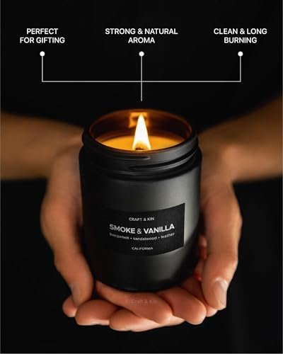 Craft & Kin Premium Smoke & Vanille Kerze | Schwarze Duftkerzen für Männer | Lang anhaltend mit 45 Stunden Brenndauer, 7,6 oz | Sojakerze | Aromatherapie für Zuhause | Geschenke für Männer