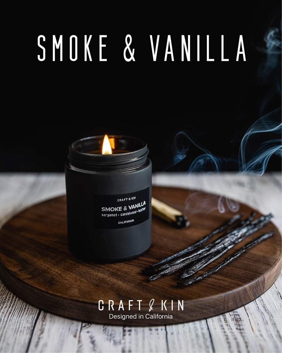 Craft & Kin Premium Smoke & Vanille Kerze | Schwarze Duftkerzen für Männer | Lang anhaltend mit 45 Stunden Brenndauer, 7,6 oz | Sojakerze | Aromatherapie für Zuhause | Geschenke für Männer