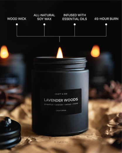 Craft & Kin Premium Lavender Woods Duftkerze – Schwarze Kerze für Männer – Langbrennend mit 45 Stunden Brenndauer, 7,6 oz – Sojakerze – Aromatherapie für Zuhause – Geschenk für Männer