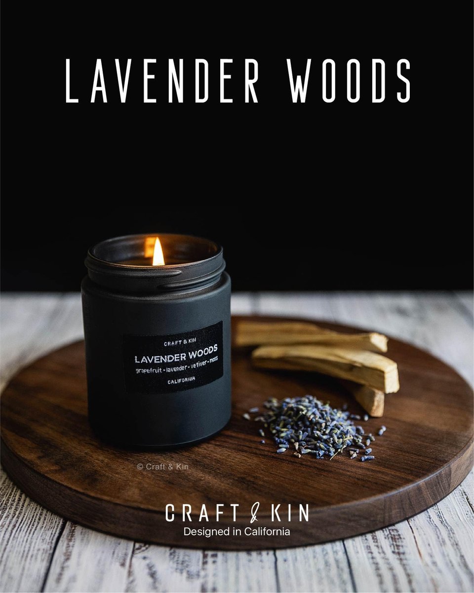 Craft & Kin Premium Lavender Woods Duftkerze – Schwarze Kerze für Männer – Langbrennend mit 45 Stunden Brenndauer, 7,6 oz – Sojakerze – Aromatherapie für Zuhause – Geschenk für Männer