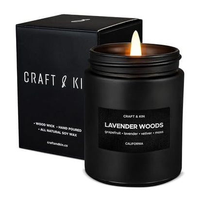 Craft & Kin Premium Lavender Woods Duftkerze – Schwarze Kerze für Männer – Langbrennend mit 45 Stunden Brenndauer, 7,6 oz – Sojakerze – Aromatherapie für Zuhause – Geschenk für Männer