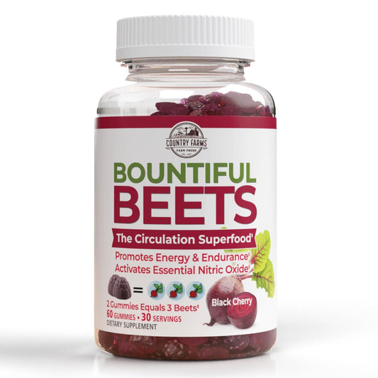 COUNTRY FARMS Bountiful Beets Gummies – Rote Bete Gummis zur Durchblutungsförderung, Energie & Ausdauer, Stickstoffmonoxid-Booster, 30 Portionen, Weiß, 60 Stück