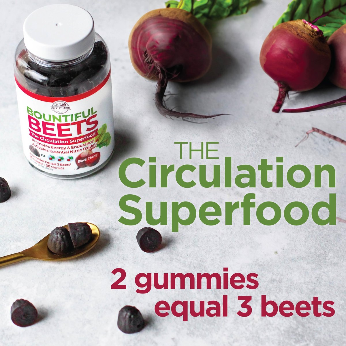 COUNTRY FARMS Bountiful Beets Gummies – Rote Bete Gummis zur Durchblutungsförderung, Energie & Ausdauer, Stickstoffmonoxid-Booster, 30 Portionen, Weiß, 60 Stück