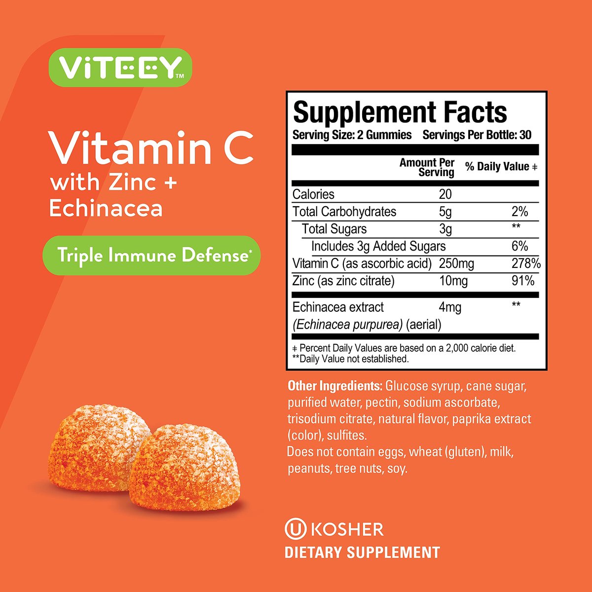 Viteey Vitamin C Gummis für Erwachsene & Teenager mit Zink & Echinacea – Immununterstützung – Vegan, Gelatinefrei, Glutenfrei, Gentechnikfrei – Leckere Orangengeschmack-Gummis