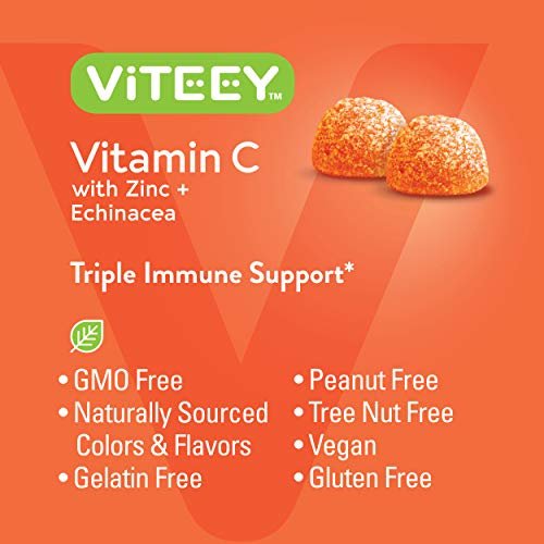 Viteey Vitamin C Gummis für Erwachsene & Teenager mit Zink & Echinacea – Immununterstützung – Vegan, Gelatinefrei, Glutenfrei, Gentechnikfrei – Leckere Orangengeschmack-Gummis