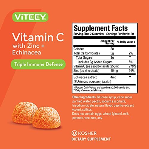 Viteey Vitamin C Gummis für Erwachsene & Teenager mit Zink & Echinacea – Immununterstützung – Vegan, Gelatinefrei, Glutenfrei, Gentechnikfrei – Leckere Orangengeschmack-Gummis