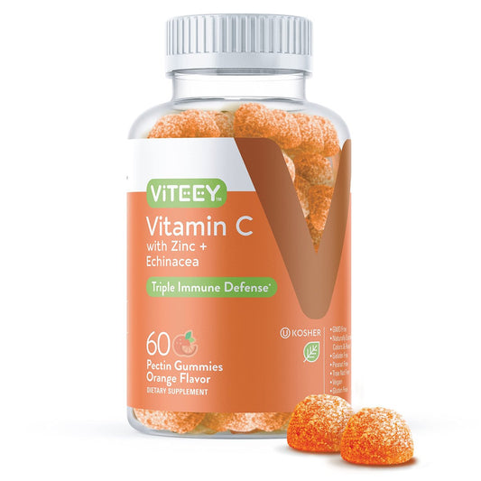 Viteey Vitamin C Gummis für Erwachsene & Teenager mit Zink & Echinacea – Immununterstützung – Vegan, Gelatinefrei, Glutenfrei, Gentechnikfrei – Leckere Orangengeschmack-Gummis