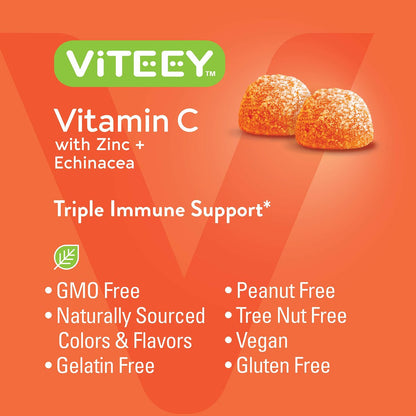 Viteey Vitamin C Gummis für Erwachsene & Teenager mit Zink & Echinacea – Immununterstützung – Vegan, Gelatinefrei, Glutenfrei, Gentechnikfrei – Leckere Orangengeschmack-Gummis