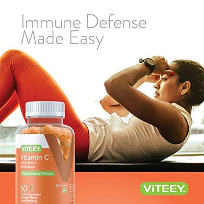 Viteey Vitamin C Gummis für Erwachsene & Teenager mit Zink & Echinacea – Immununterstützung – Vegan, Gelatinefrei, Glutenfrei, Gentechnikfrei – Leckere Orangengeschmack-Gummis