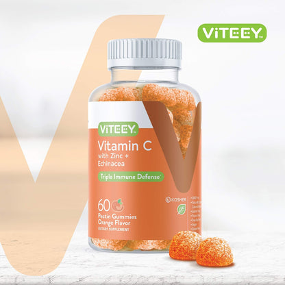Viteey Vitamin C Gummis für Erwachsene & Teenager mit Zink & Echinacea – Immununterstützung – Vegan, Gelatinefrei, Glutenfrei, Gentechnikfrei – Leckere Orangengeschmack-Gummis