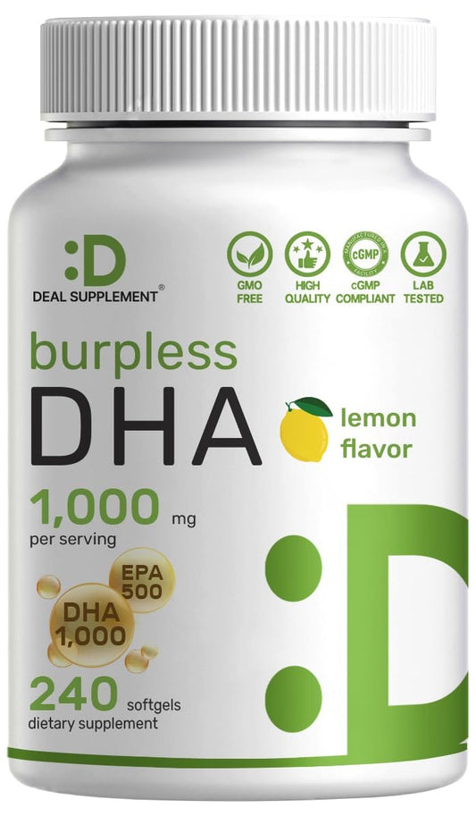 DHA Nahrungsergänzungsmittel | 240 Weichkapseln, ohne Aufstoßen, Zitronengeschmack, DHA 1000mg + EPA 500mg, Wild gefangener Fisch, Reich an Omega-3, Quecksilberfrei, Nicht-GVO, Unterstützt Gehirn-, Herz- und Gelenkgesundheit