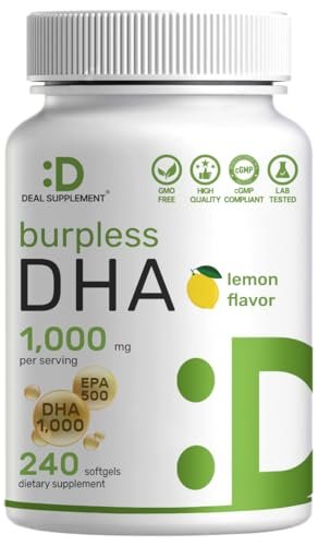 DHA Nahrungsergänzungsmittel | 240 Weichkapseln, ohne Aufstoßen, Zitronengeschmack, DHA 1000mg + EPA 500mg, Wild gefangener Fisch, Reich an Omega-3, Quecksilberfrei, Nicht-GVO, Unterstützt Gehirn-, Herz- und Gelenkgesundheit