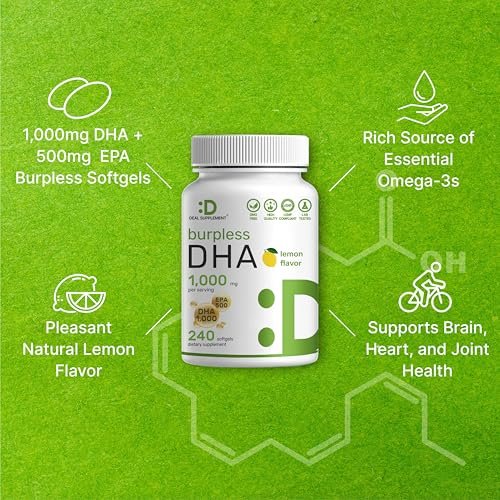 DHA Nahrungsergänzungsmittel | 240 Weichkapseln, ohne Aufstoßen, Zitronengeschmack, DHA 1000mg + EPA 500mg, Wild gefangener Fisch, Reich an Omega-3, Quecksilberfrei, Nicht-GVO, Unterstützt Gehirn-, Herz- und Gelenkgesundheit