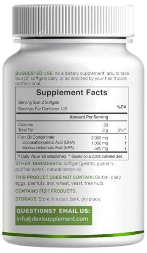 DHA Nahrungsergänzungsmittel | 240 Weichkapseln, ohne Aufstoßen, Zitronengeschmack, DHA 1000mg + EPA 500mg, Wild gefangener Fisch, Reich an Omega-3, Quecksilberfrei, Nicht-GVO, Unterstützt Gehirn-, Herz- und Gelenkgesundheit