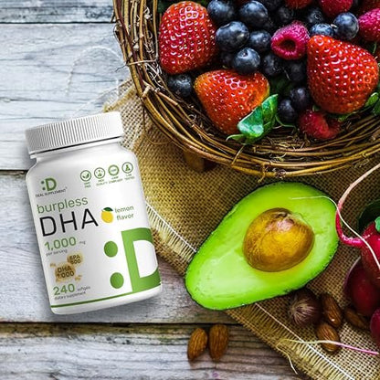 DHA Nahrungsergänzungsmittel | 240 Weichkapseln, ohne Aufstoßen, Zitronengeschmack, DHA 1000mg + EPA 500mg, Wild gefangener Fisch, Reich an Omega-3, Quecksilberfrei, Nicht-GVO, Unterstützt Gehirn-, Herz- und Gelenkgesundheit