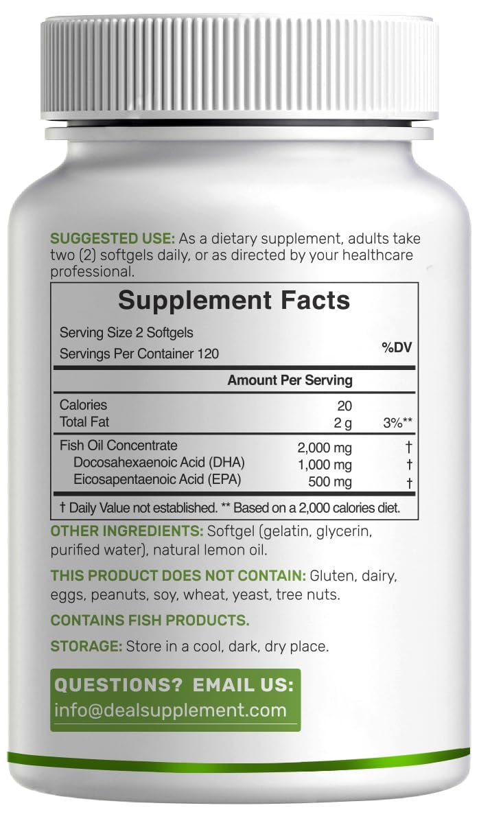 DHA Nahrungsergänzungsmittel | 240 Weichkapseln, ohne Aufstoßen, Zitronengeschmack, DHA 1000mg + EPA 500mg, Wild gefangener Fisch, Reich an Omega-3, Quecksilberfrei, Nicht-GVO, Unterstützt Gehirn-, Herz- und Gelenkgesundheit