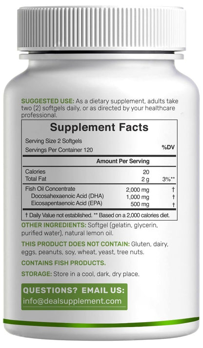 DHA Nahrungsergänzungsmittel | 240 Weichkapseln, ohne Aufstoßen, Zitronengeschmack, DHA 1000mg + EPA 500mg, Wild gefangener Fisch, Reich an Omega-3, Quecksilberfrei, Nicht-GVO, Unterstützt Gehirn-, Herz- und Gelenkgesundheit
