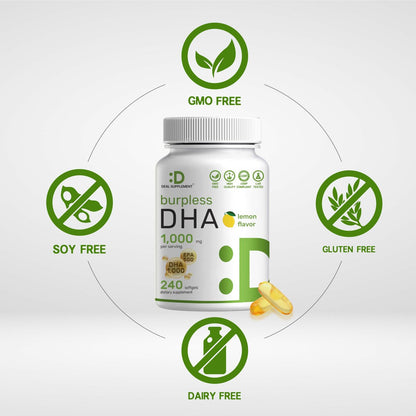 DHA Nahrungsergänzungsmittel | 240 Weichkapseln, ohne Aufstoßen, Zitronengeschmack, DHA 1000mg + EPA 500mg, Wild gefangener Fisch, Reich an Omega-3, Quecksilberfrei, Nicht-GVO, Unterstützt Gehirn-, Herz- und Gelenkgesundheit