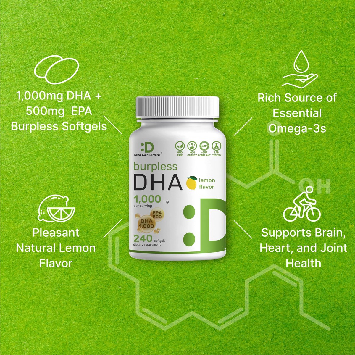 DHA Nahrungsergänzungsmittel | 240 Weichkapseln, ohne Aufstoßen, Zitronengeschmack, DHA 1000mg + EPA 500mg, Wild gefangener Fisch, Reich an Omega-3, Quecksilberfrei, Nicht-GVO, Unterstützt Gehirn-, Herz- und Gelenkgesundheit
