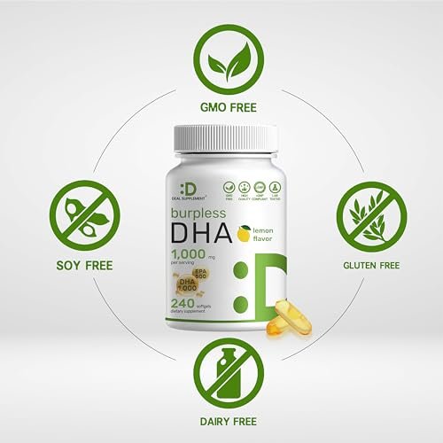 DHA Nahrungsergänzungsmittel | 240 Weichkapseln, ohne Aufstoßen, Zitronengeschmack, DHA 1000mg + EPA 500mg, Wild gefangener Fisch, Reich an Omega-3, Quecksilberfrei, Nicht-GVO, Unterstützt Gehirn-, Herz- und Gelenkgesundheit