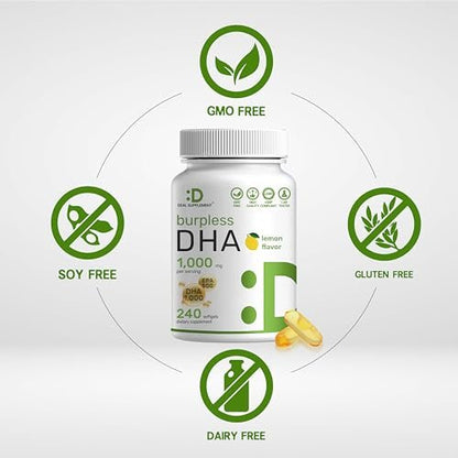 DHA Nahrungsergänzungsmittel | 240 Weichkapseln, ohne Aufstoßen, Zitronengeschmack, DHA 1000mg + EPA 500mg, Wild gefangener Fisch, Reich an Omega-3, Quecksilberfrei, Nicht-GVO, Unterstützt Gehirn-, Herz- und Gelenkgesundheit