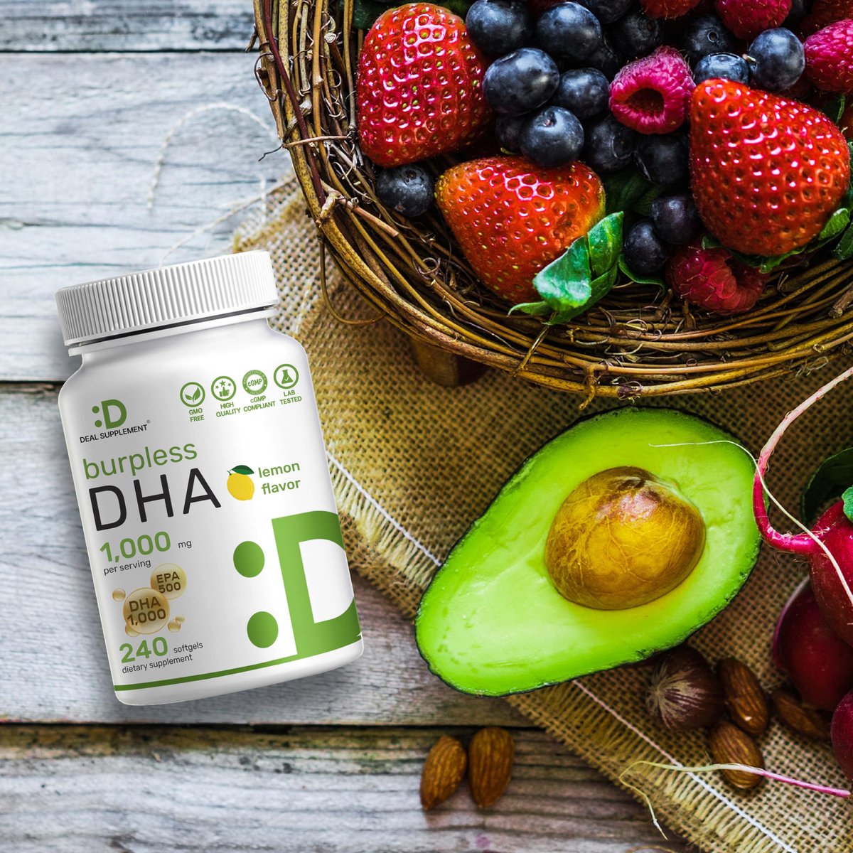 DHA Nahrungsergänzungsmittel | 240 Weichkapseln, ohne Aufstoßen, Zitronengeschmack, DHA 1000mg + EPA 500mg, Wild gefangener Fisch, Reich an Omega-3, Quecksilberfrei, Nicht-GVO, Unterstützt Gehirn-, Herz- und Gelenkgesundheit