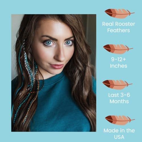 Feder-Haarverlängerungs-Kit mit echten Hahnenfedern, Schlaufe, Mikrolink-Perlen und kleiner Zange – Lange Naturtöne mit türkisen Accessoires